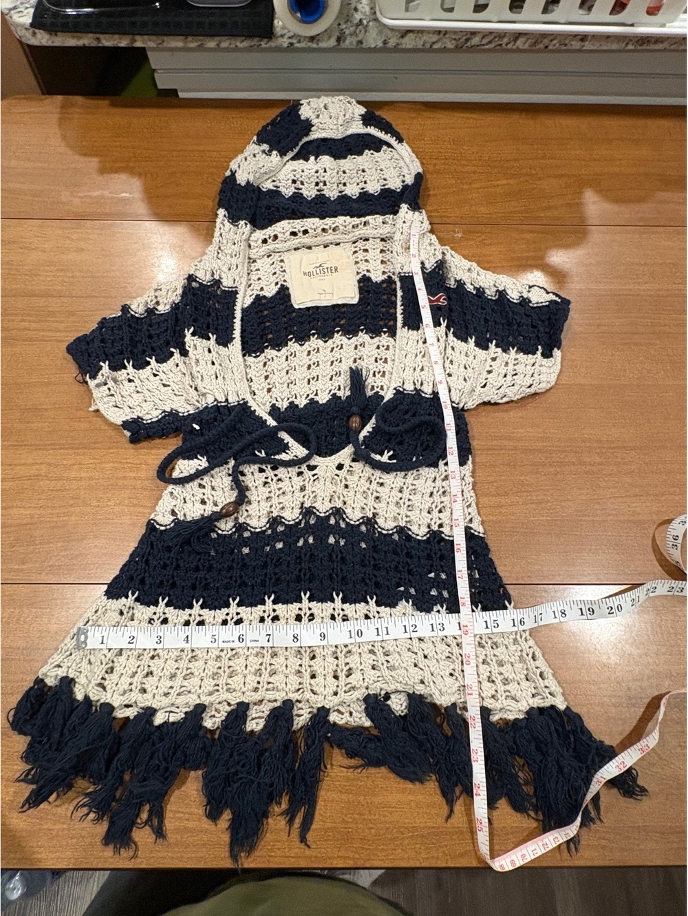 Hollister Striped Crochet Hooded Cover-Up Sweater Size S - Picture 5 of 6